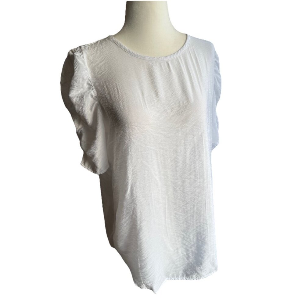 Loft Women's Small White Blouse Ruched Short Sleeves Crinkle Fabric